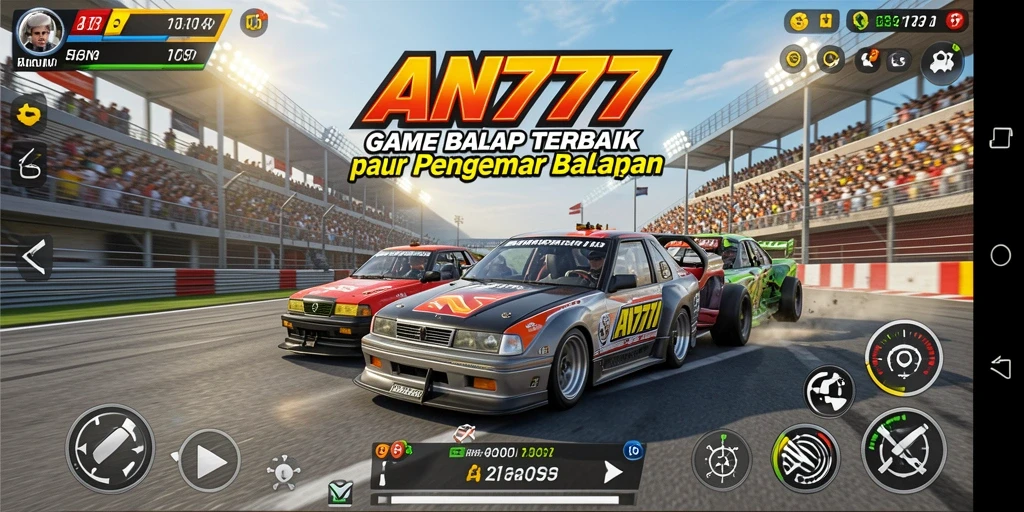Screenshot AN777 menampilkan mobil balap yang melaju kencang di lintasan.