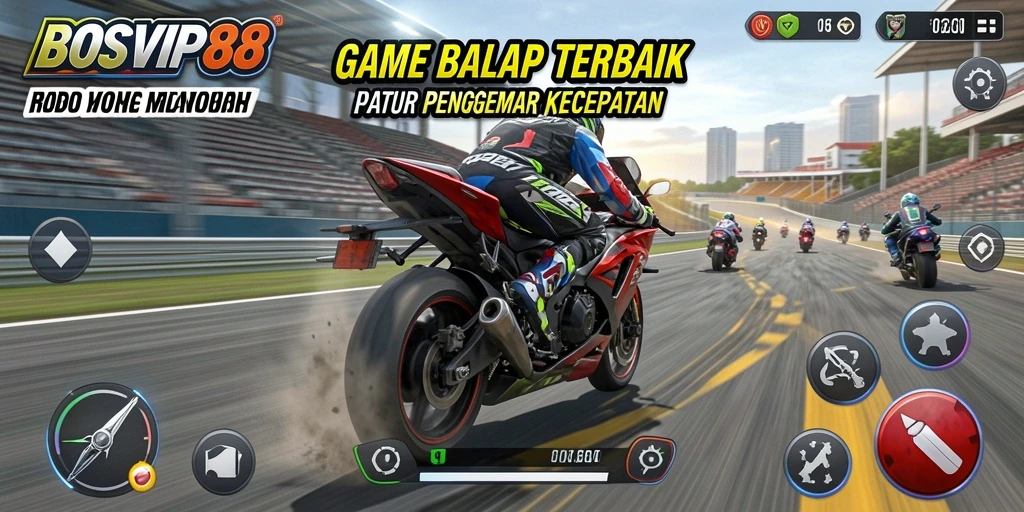 Tampilan gameplay mendebarkan dalam game balap motor BOSVIP88.
