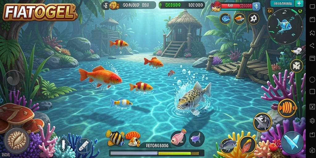 Tampilan interaktif gameplay FIATOGEL saat memancing.
