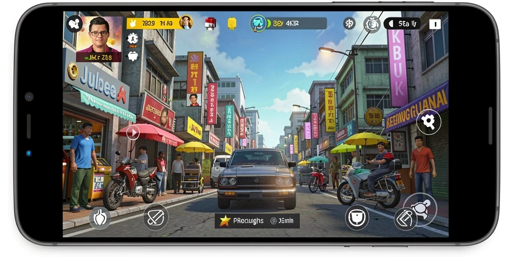 Screenshot menunjukkan pemain menjelajahi kota dalam game JKT8.