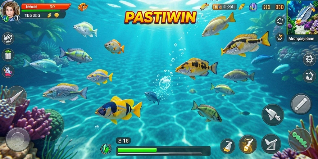 Gameplay seru PASTIWIN dengan berbagai ikan yang menunggu untuk ditangkap.