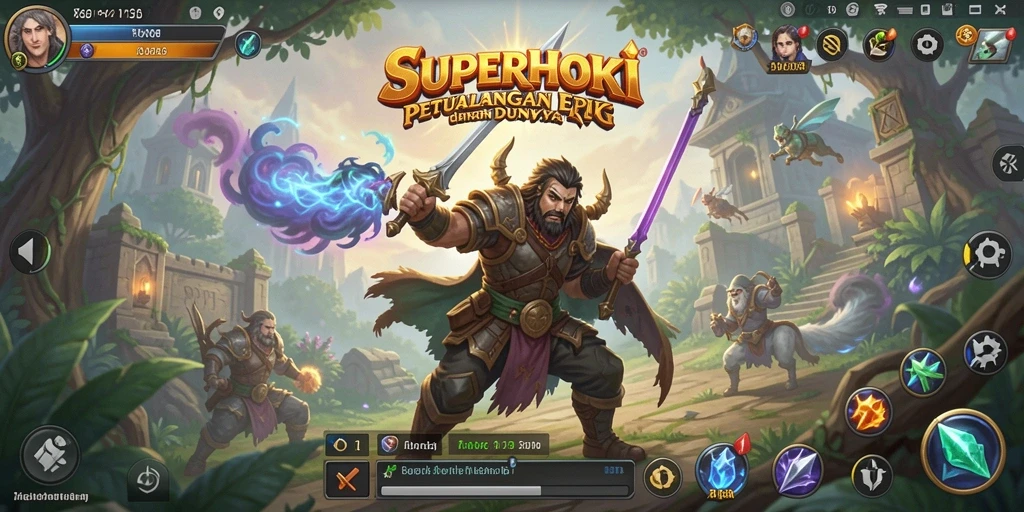 Screenshot utama dari SUPERHOKI menampilkan pertarungan epik dalam dunia RPG yang kaya.